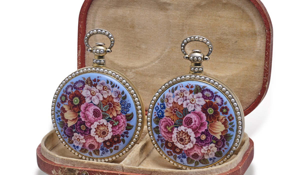pair of matching mirror-image Chinese market pocket watches from the 19th century