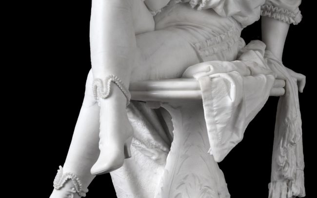 Marble sculpture of a Venetian woman sitting on a table, by Odoardo Tabacchi