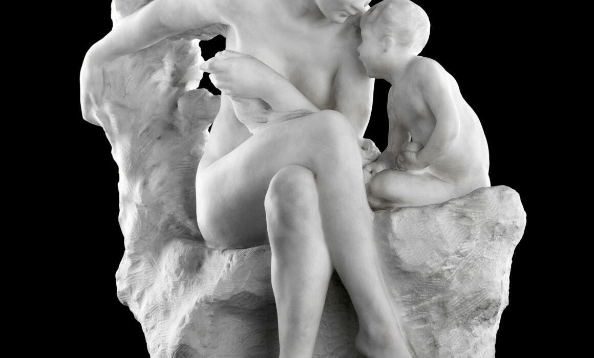 Marble sculpture of a mother and her child by Valentine Bender
