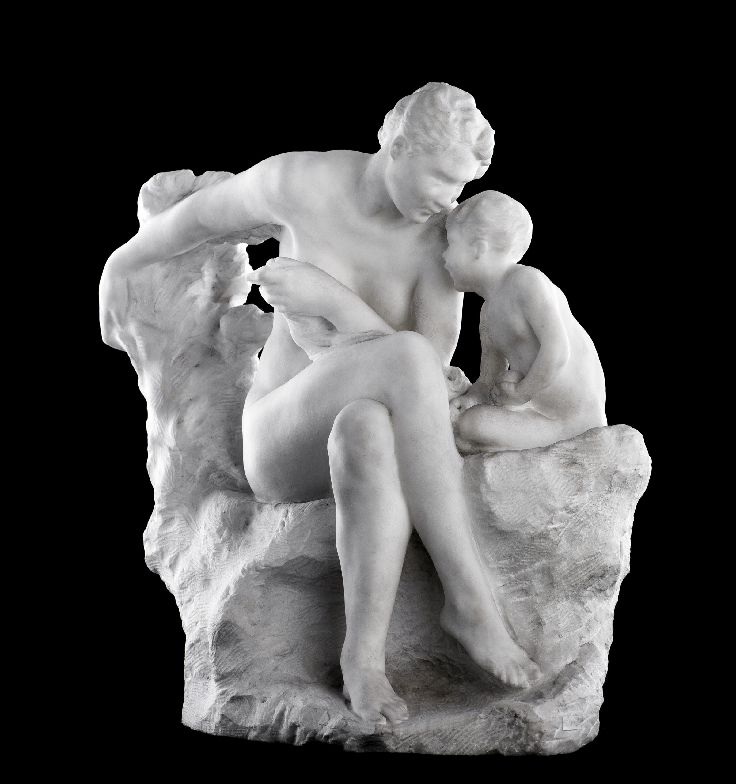 Marble sculpture of a mother and her child by Valentine Bender