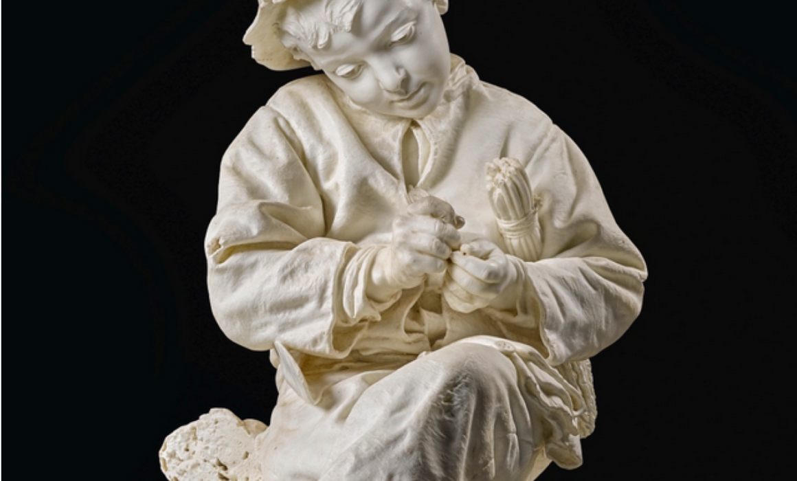 marble sculpture of a poor boy taking his lunch by Donato Barcaglia